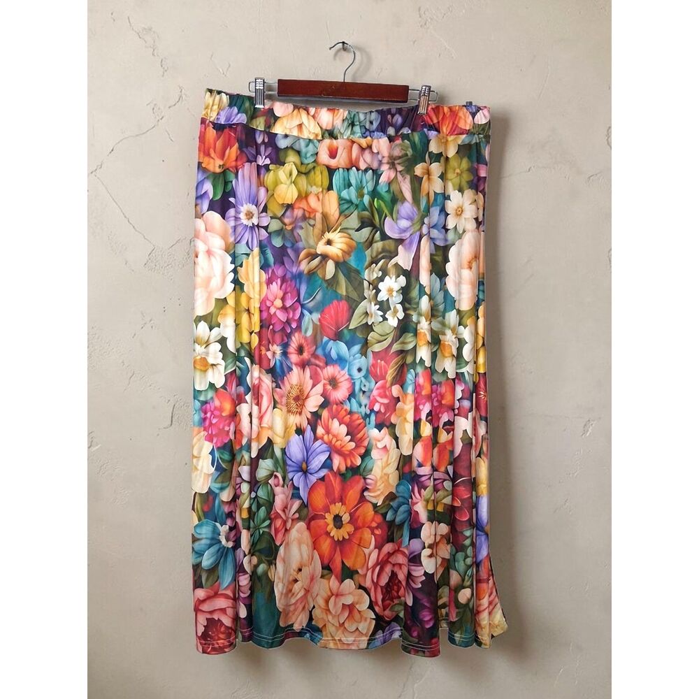 Vibrant Floral Print Elastic Waist Maxi Skirt Plus Size US 3X (Asian 6X)